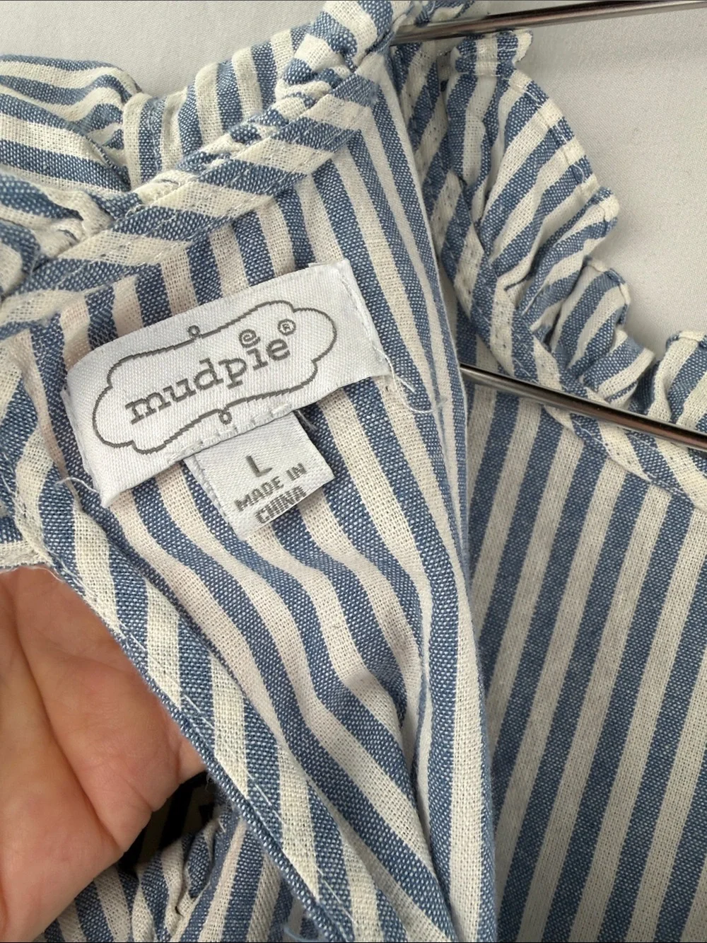 Mudpie Blue & White Striped Tiered Ruffle Sleeve Tie Back Size Large Kids Dress